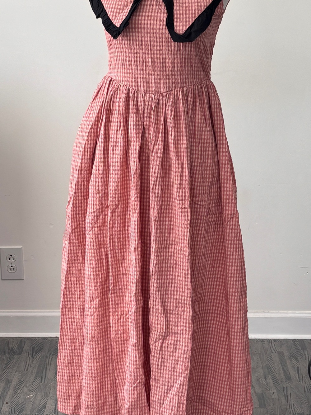 Pink Gingham Maxi Dress with Black Trim